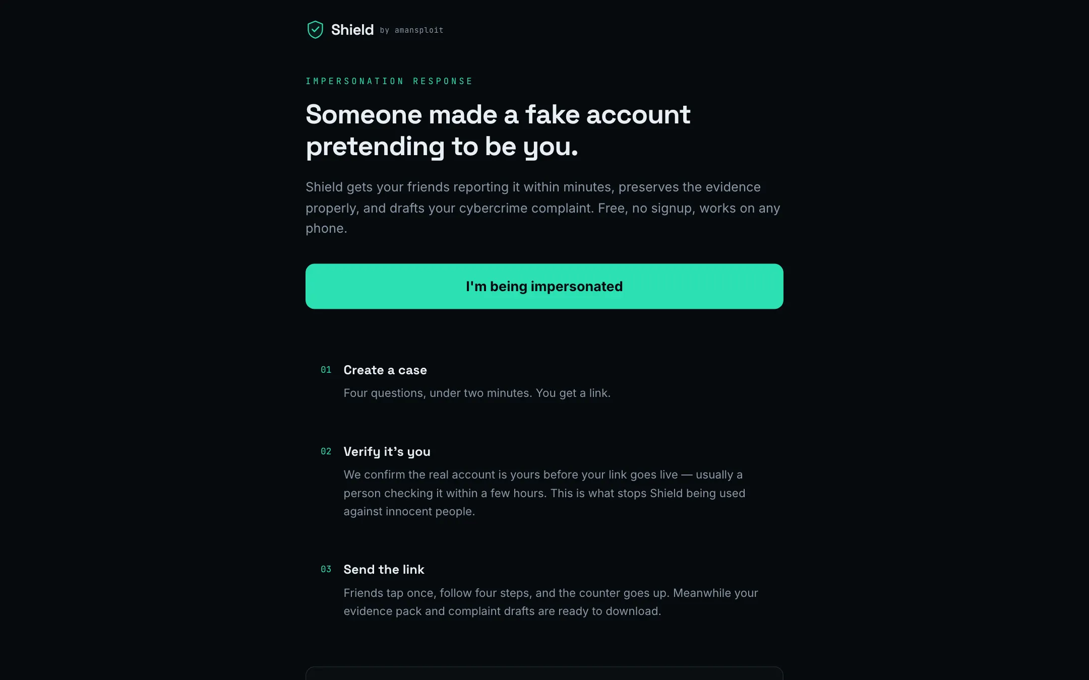 Shield's front page on a desktop: the impersonation-response headline, the three steps, and what the tool does not do